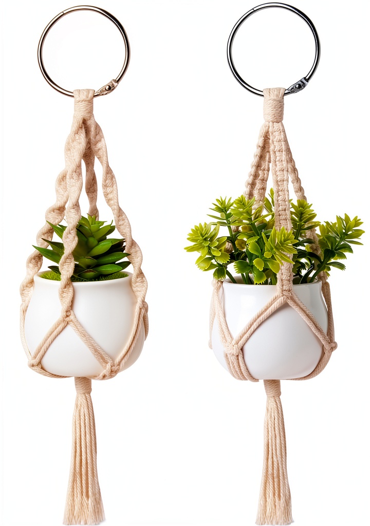 Dahey macrame plant hanger displayed on a car rearview mirror with faux plants