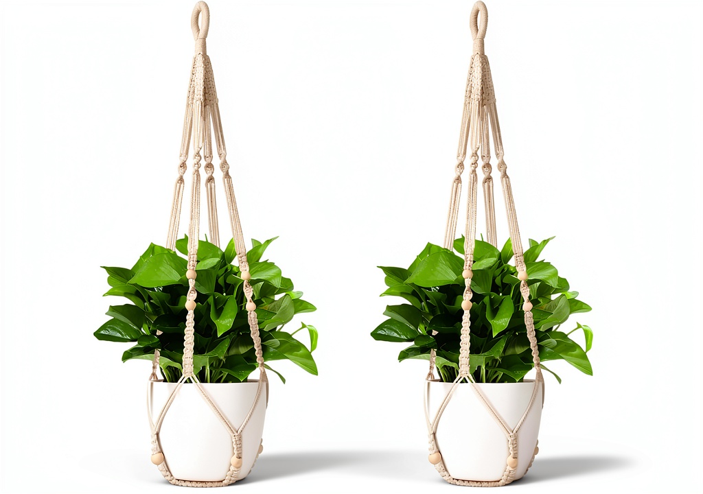 Macrame plant hanger displayed in a modern living room