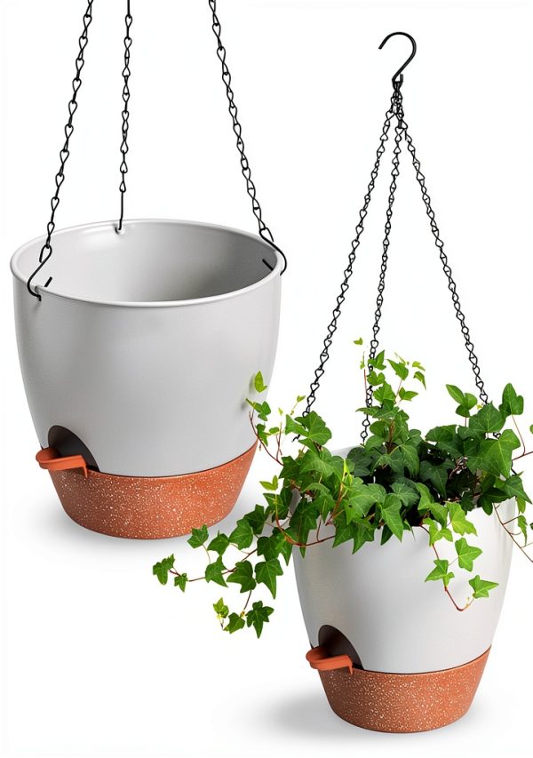 Vanslogreen Hanging Planter Set 2‑Piece 8″ White Plastic Self‑Watering-0