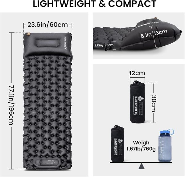 ONETIGRIS Blackcrystal Sleeping Pad, Ultralight Camping Sleeping Pad with Pillow Built-in Foot Pump Inflatable Sleeping Mat Compact for Camping Backpacking Hiking Traveling Tent-6